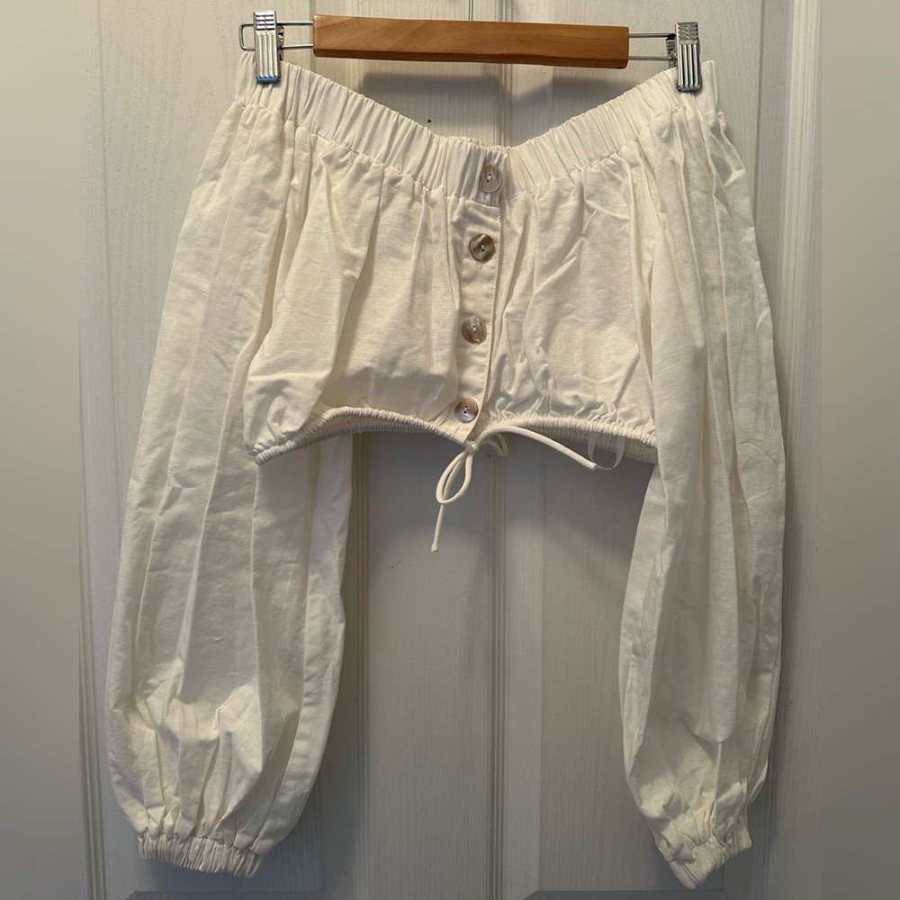 Sabo Skirt White Off-Shoulder Crop Top with Balloon Sleeves